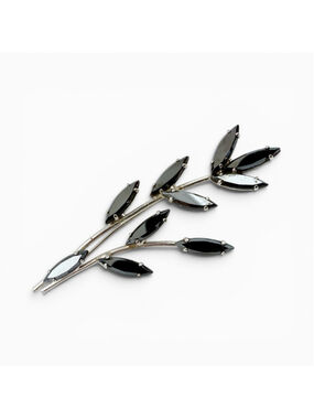 Large 1960s Floral Leaf Spray Brooch, Black Navette Rhinestone Pin, Silver Tone